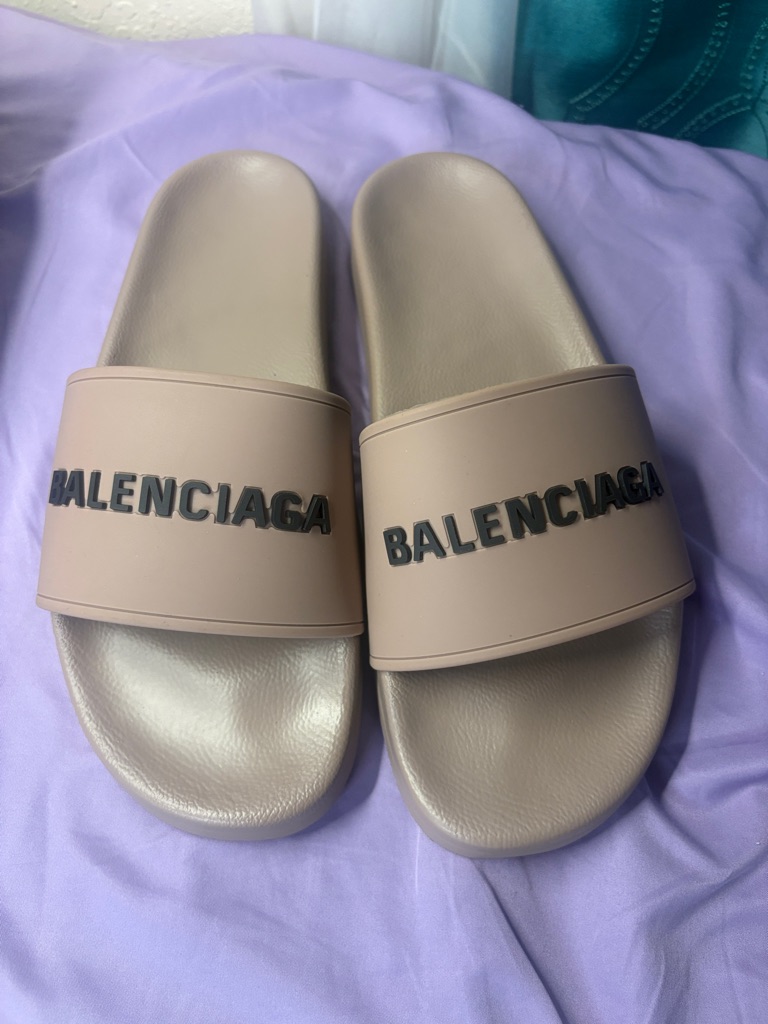 Balenciaga Slide Sandals In Taupe With Black Logo
